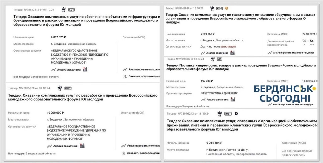 Оголошення про тендери та закупівлі для організації молодіжного форуму окупантів у Бердянську