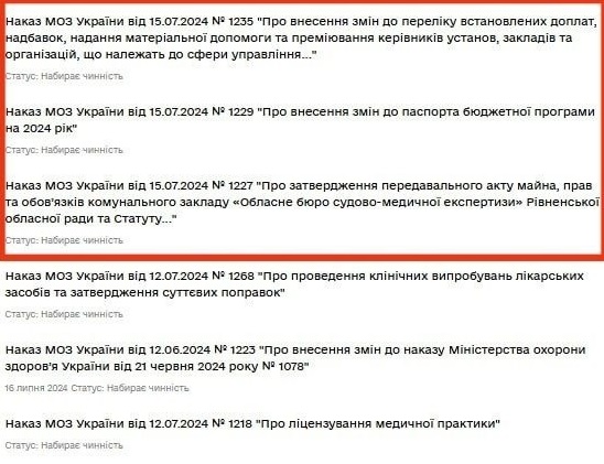 За датою 15 липня, 2024 року, якою нібито було видано цей наказ, на сайті МОЗ також розміщено зовсім інші документи