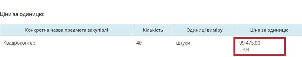 В торгах переміг ФОП Застьоба, який має поставити такі ж квадрокоптери по 99 475 грн.