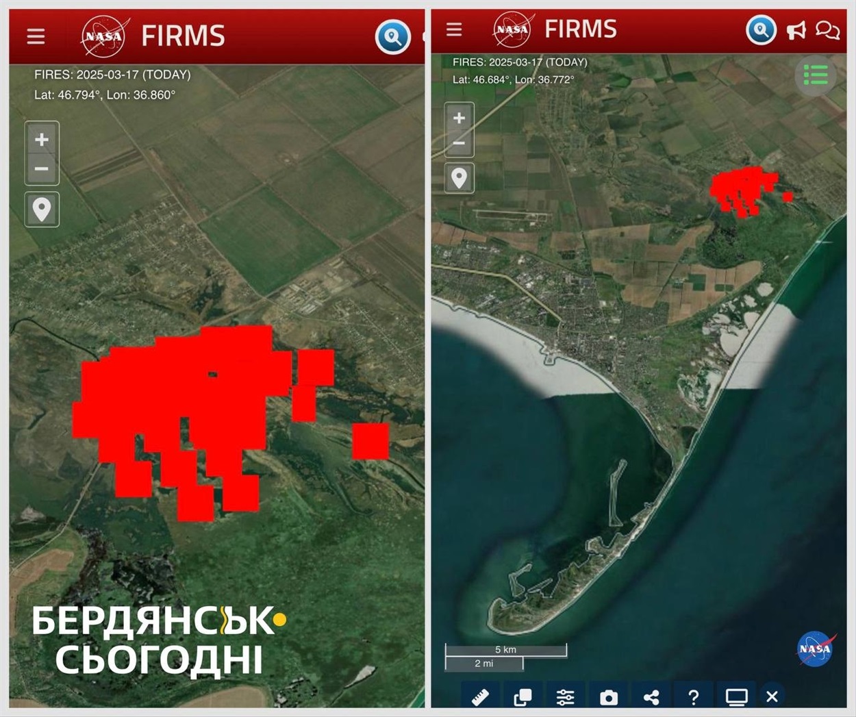 Дані NASA, щодо розповсюдження пожежі під Бердянськом